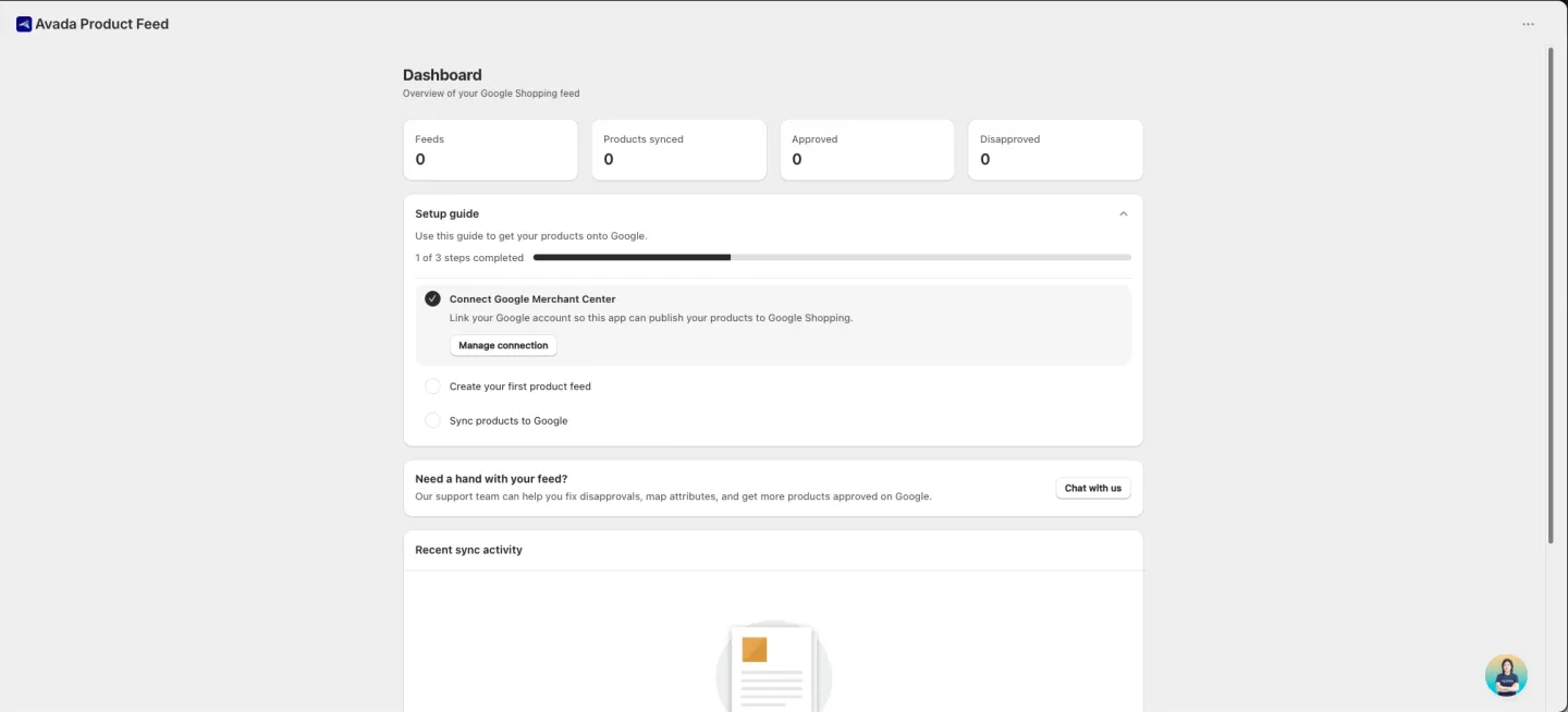 Dashboard overview with stat cards and recent sync activity