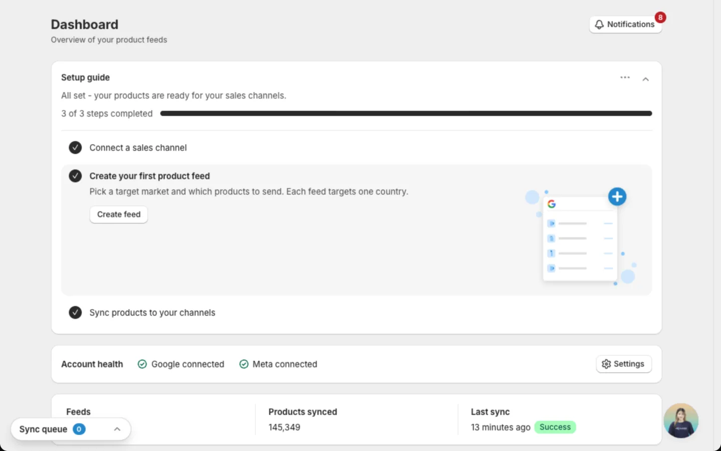 The Dashboard, with the Setup guide at the top and your feed totals below it