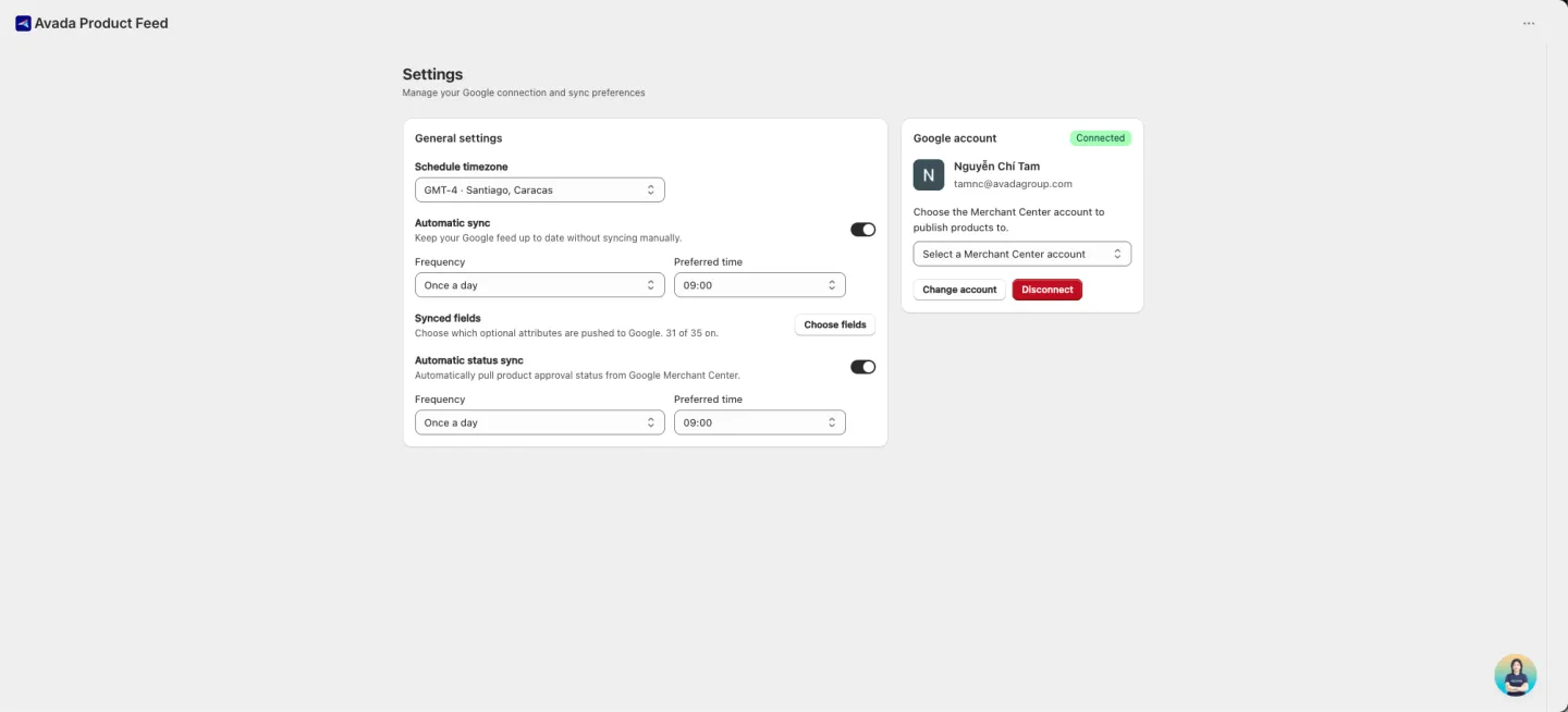 Settings page — sync preferences and Google connection