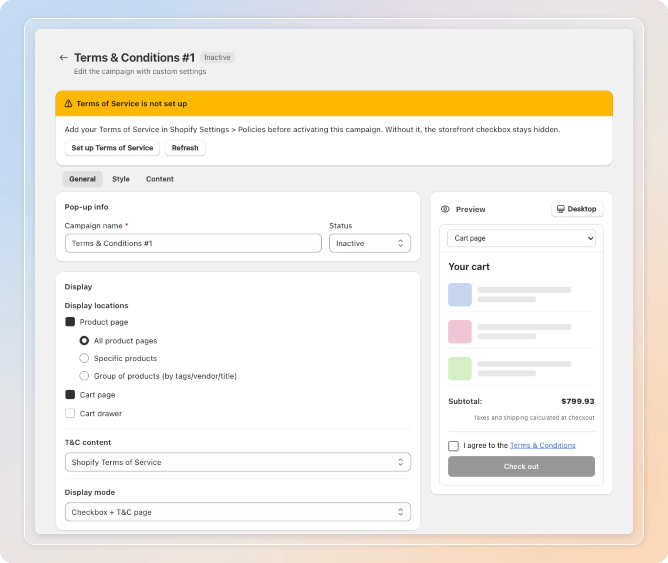 The Terms & Conditions General tab