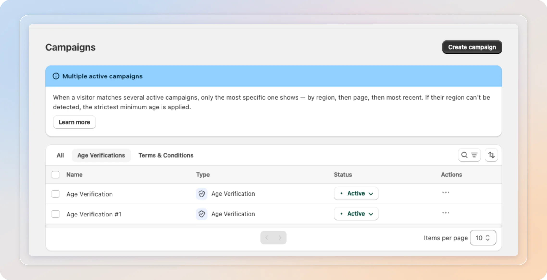 Two active campaigns on the Campaigns dashboard