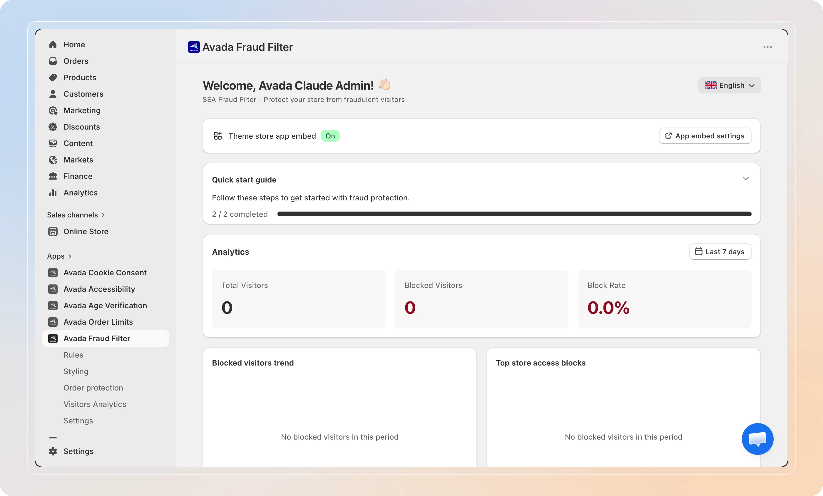 Avada Fraud Filter dashboard