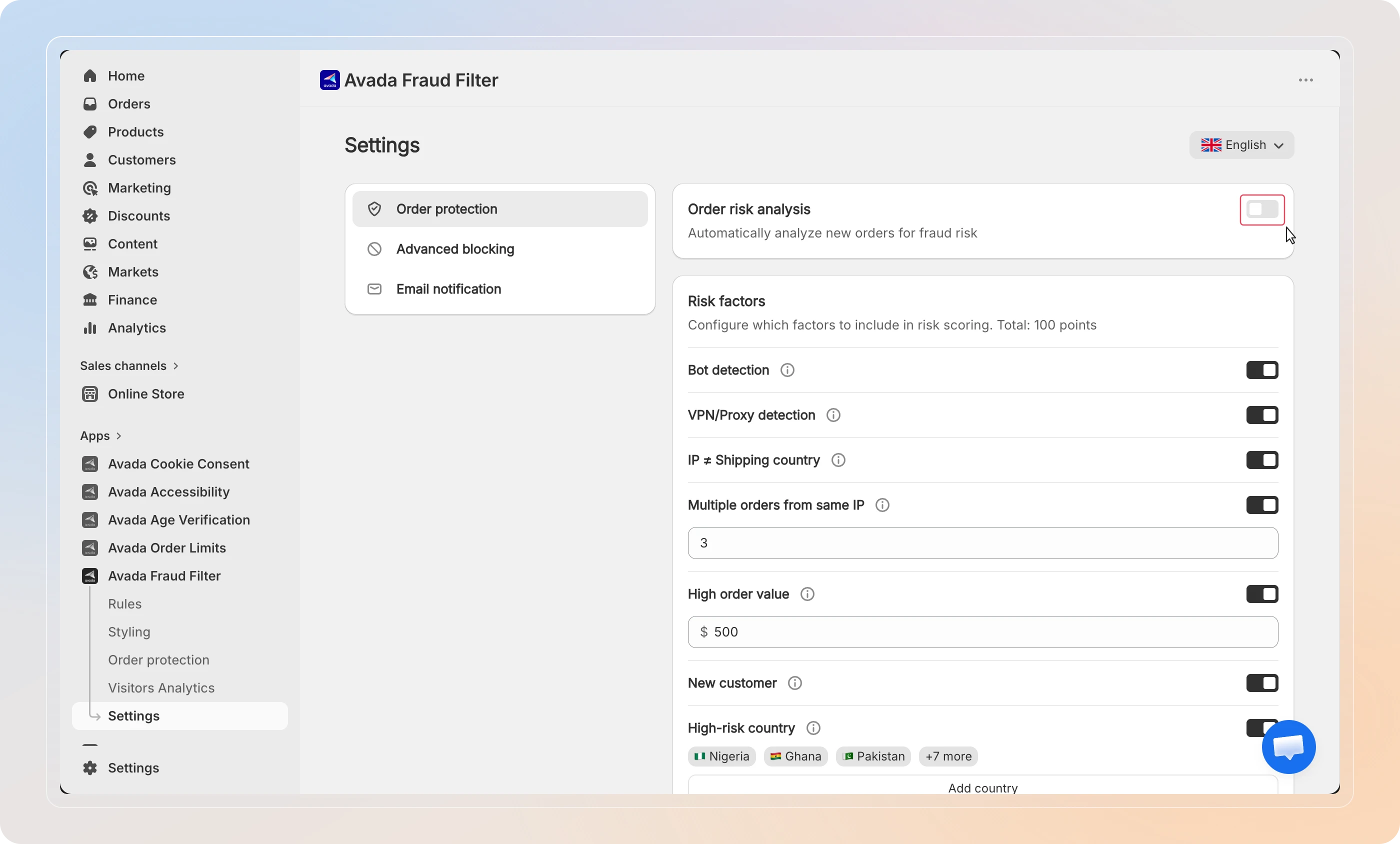 Enable order risk analysis