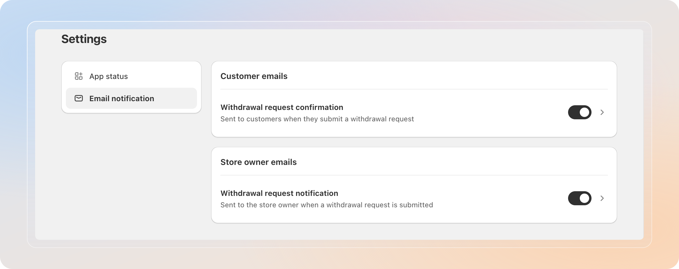 The Email notification tab with the Customer emails and Store owner emails cards