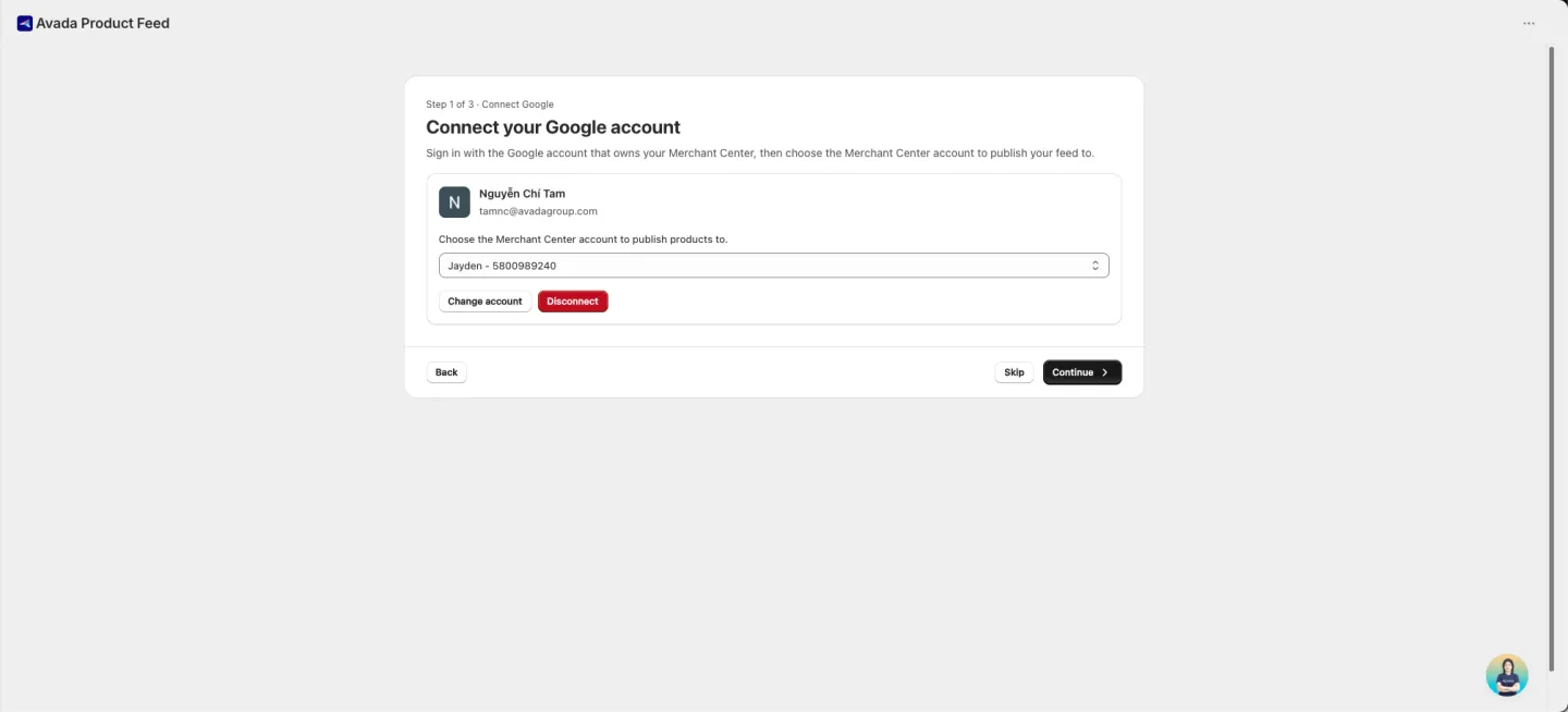Connect Google and choose a Merchant Center account