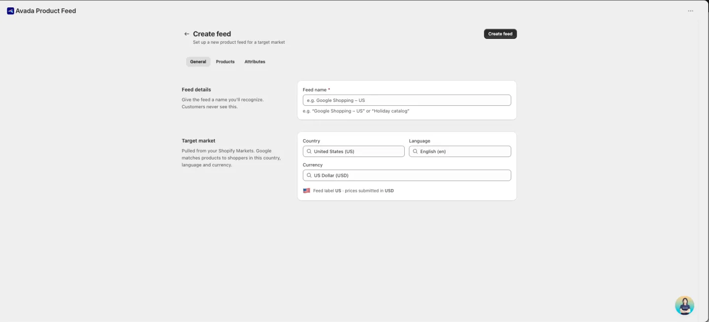 Create feed form — General tab