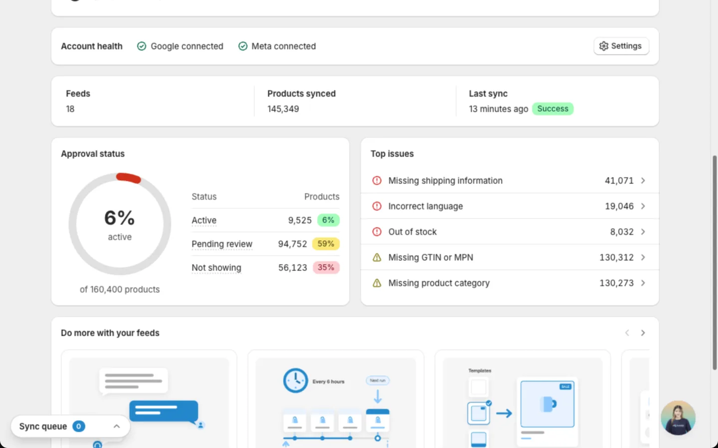 Account health, feed totals, Approval status and Top issues on the Dashboard
