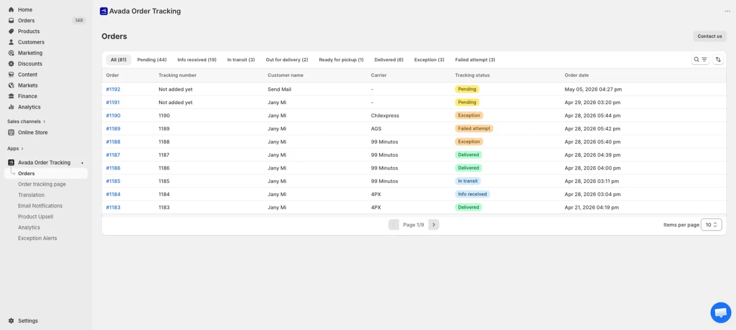 Orders page with status tabs, filter bar, and order list