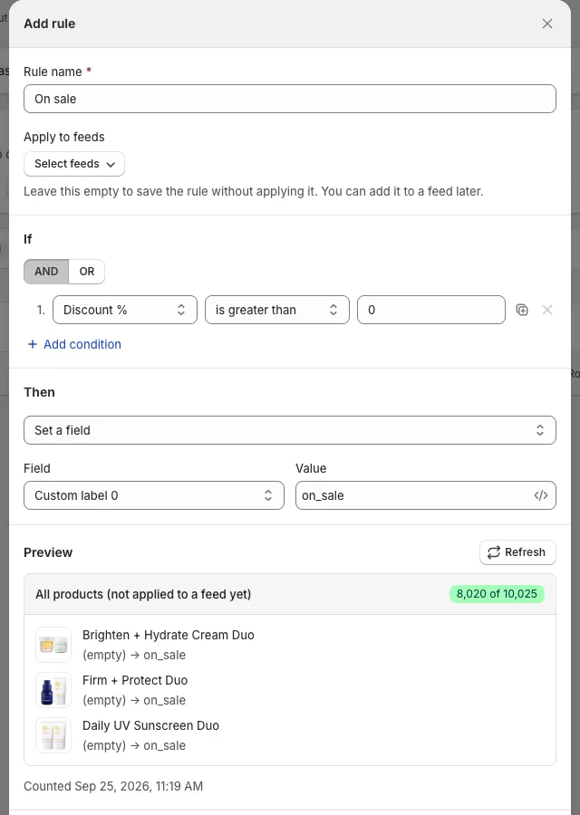 Add rule form with an If condition, a Then action, and a Preview of matching products