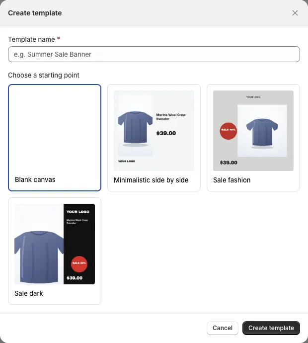 The four starting points in the Create template window