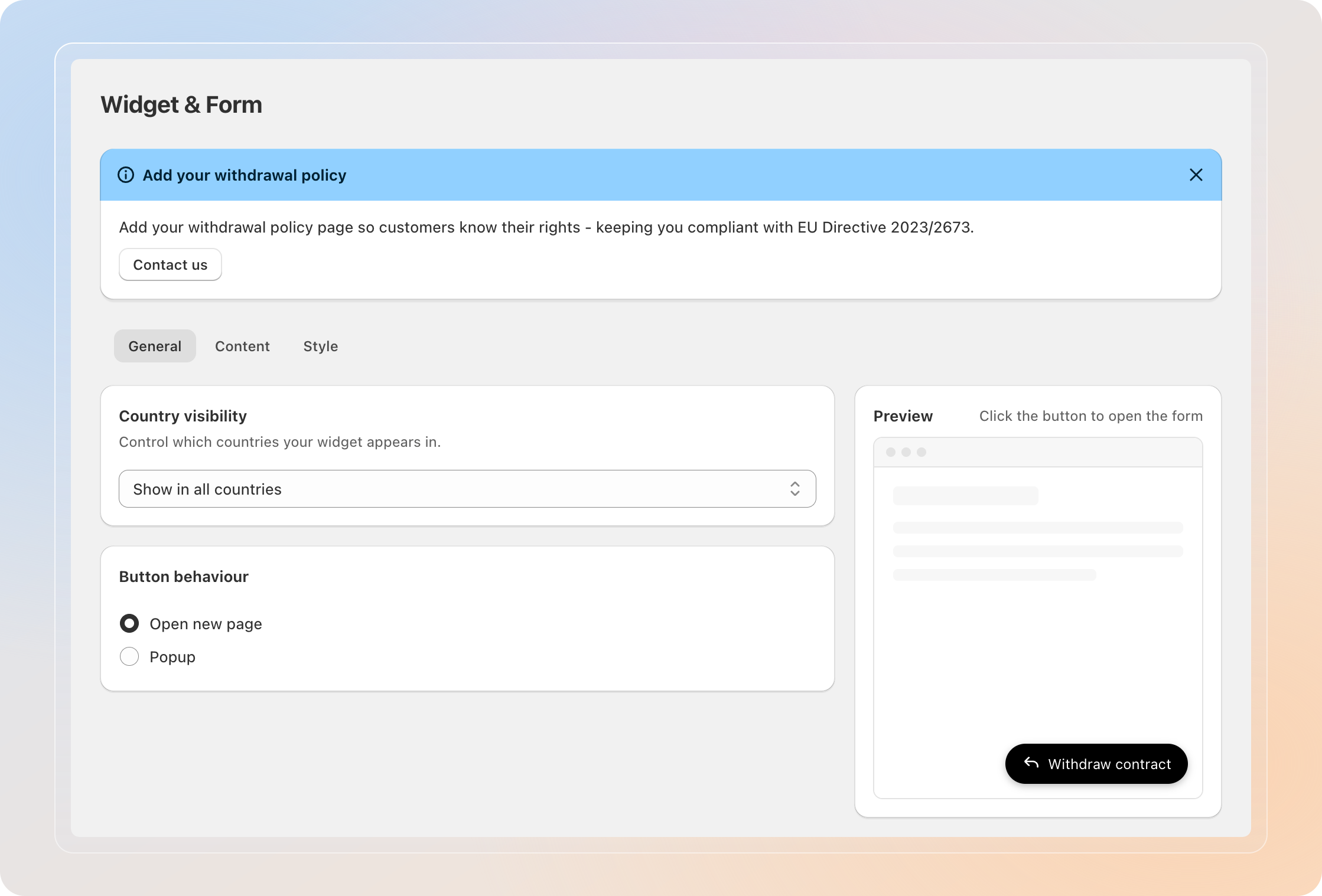 The General tab with the Country visibility and Button behaviour cards