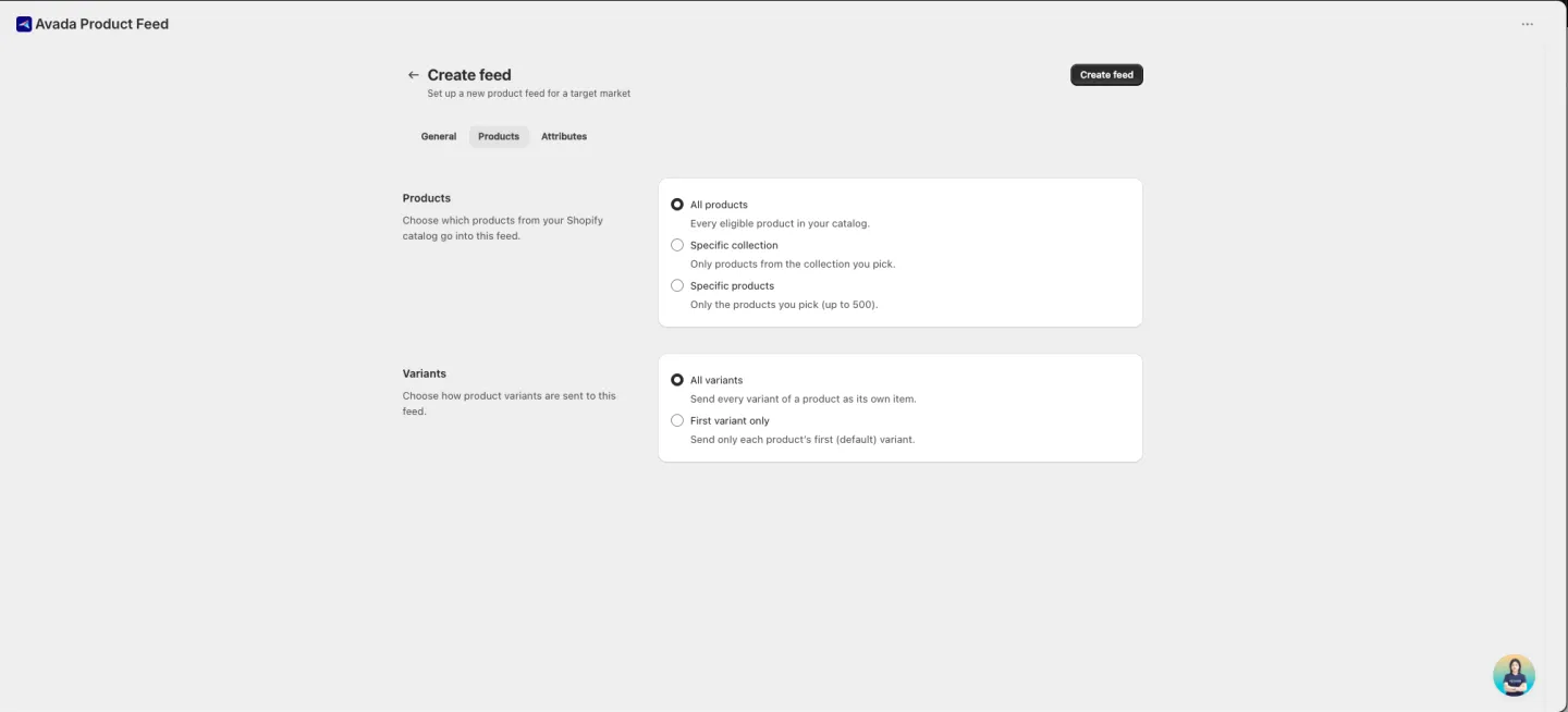 Create feed form — Products tab