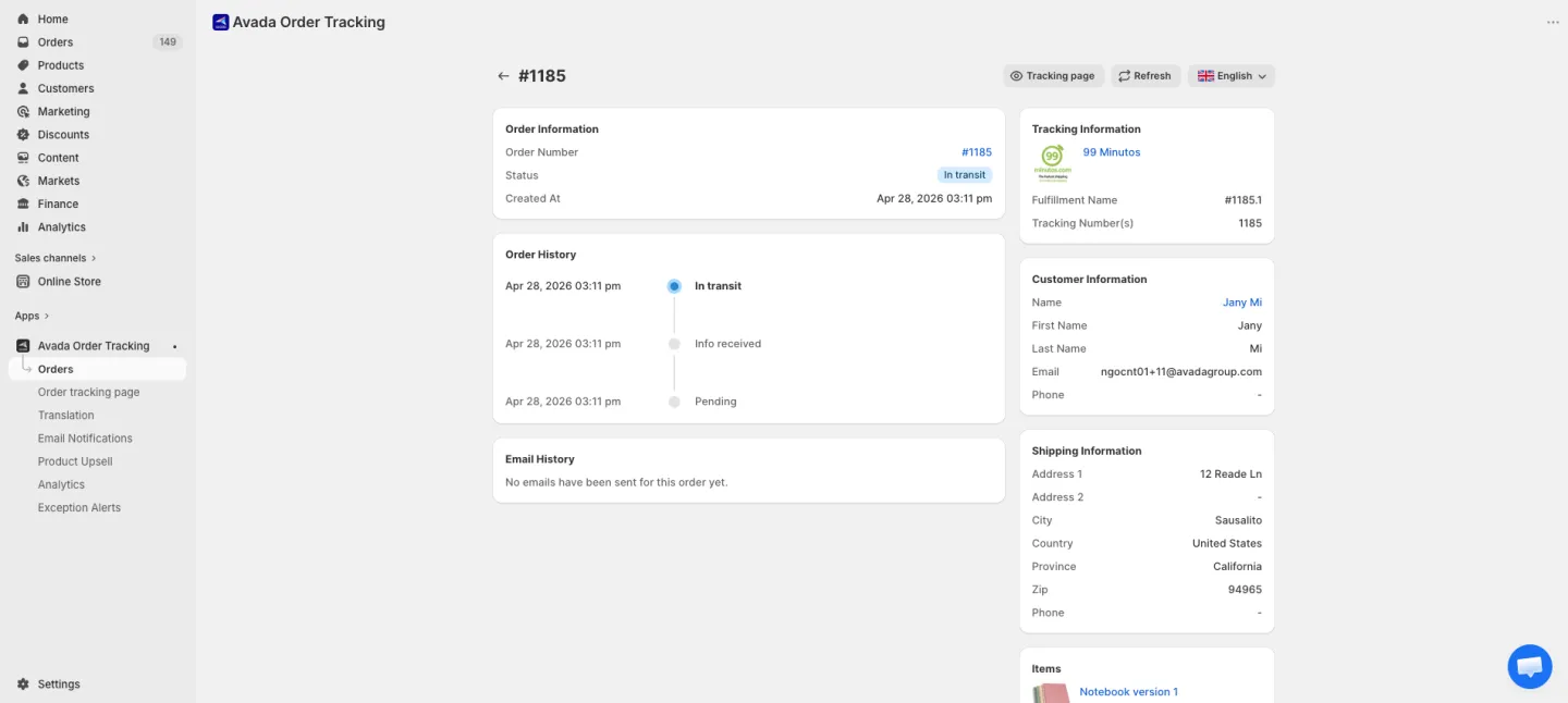 Order detail page with status timeline, customer info, and items