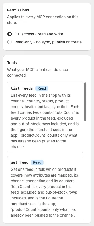 Permissions card with the two access levels and the Tools list with Read and Write badges