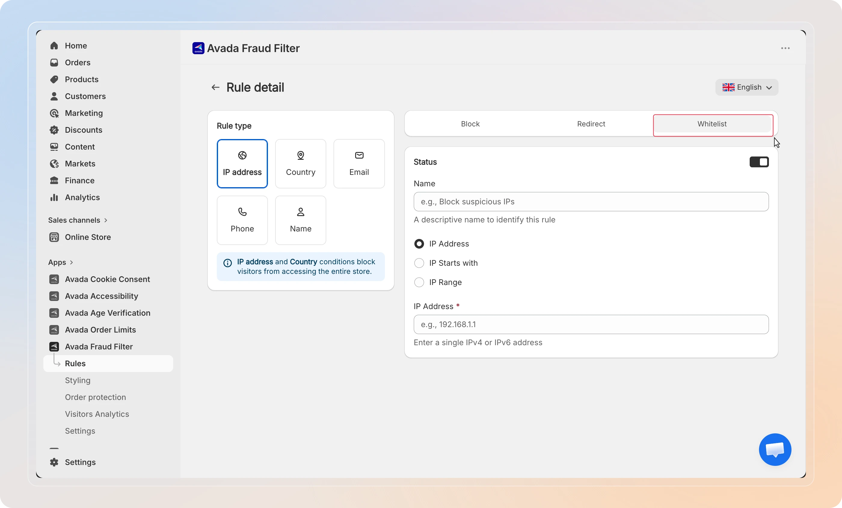 Set action to Whitelist