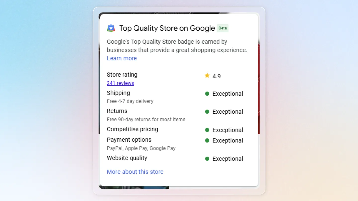A preview of the Google Top Quality Store Badge displayed on a merchant's store.