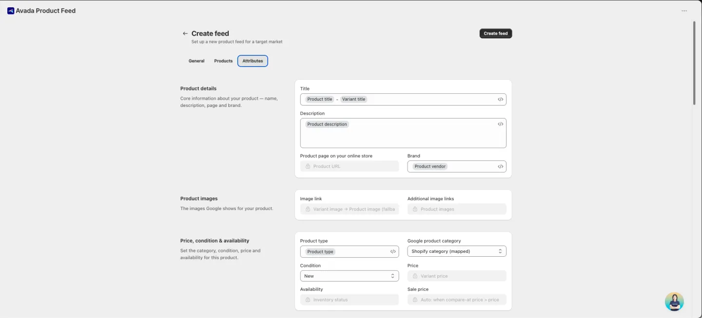 Create feed form — Attributes tab