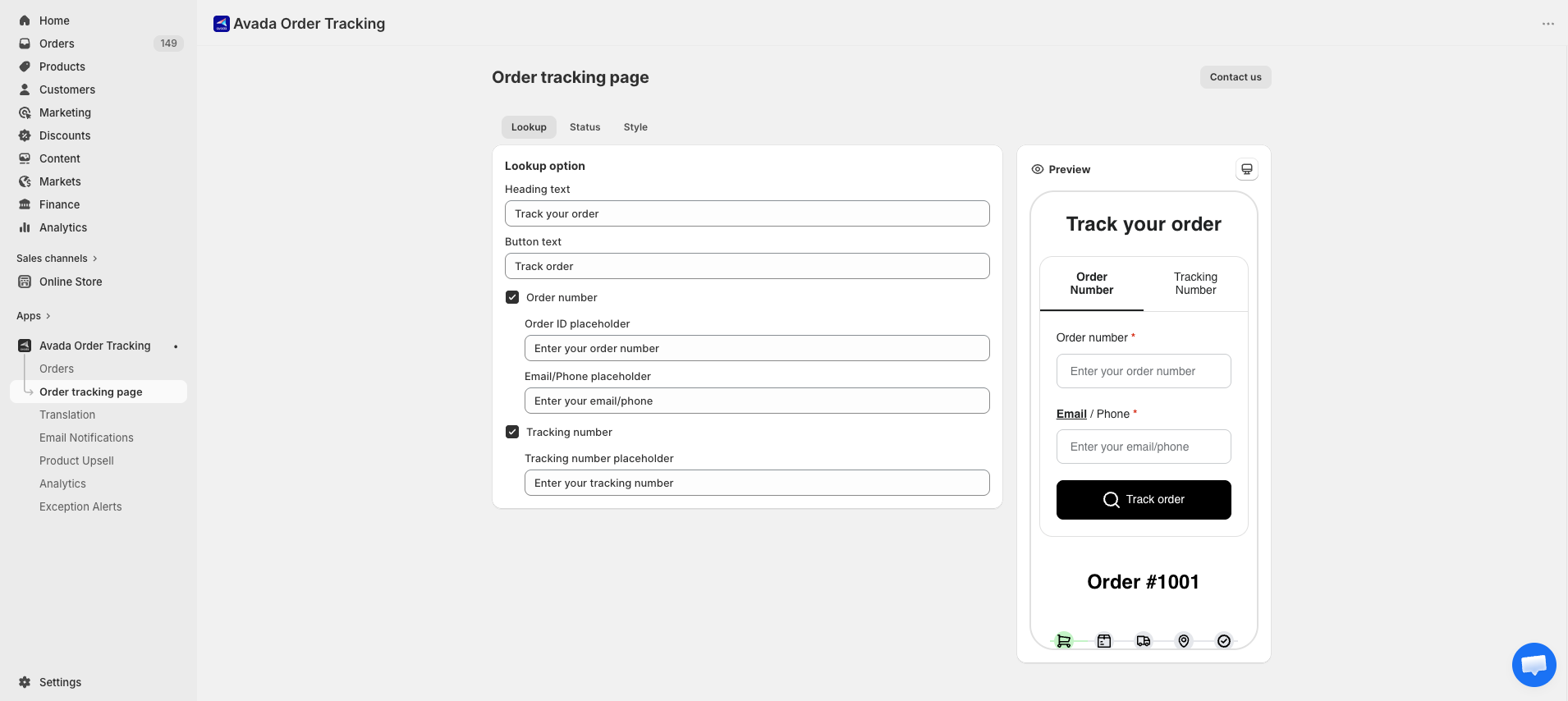 Tracking page settings with tabs and live preview panel