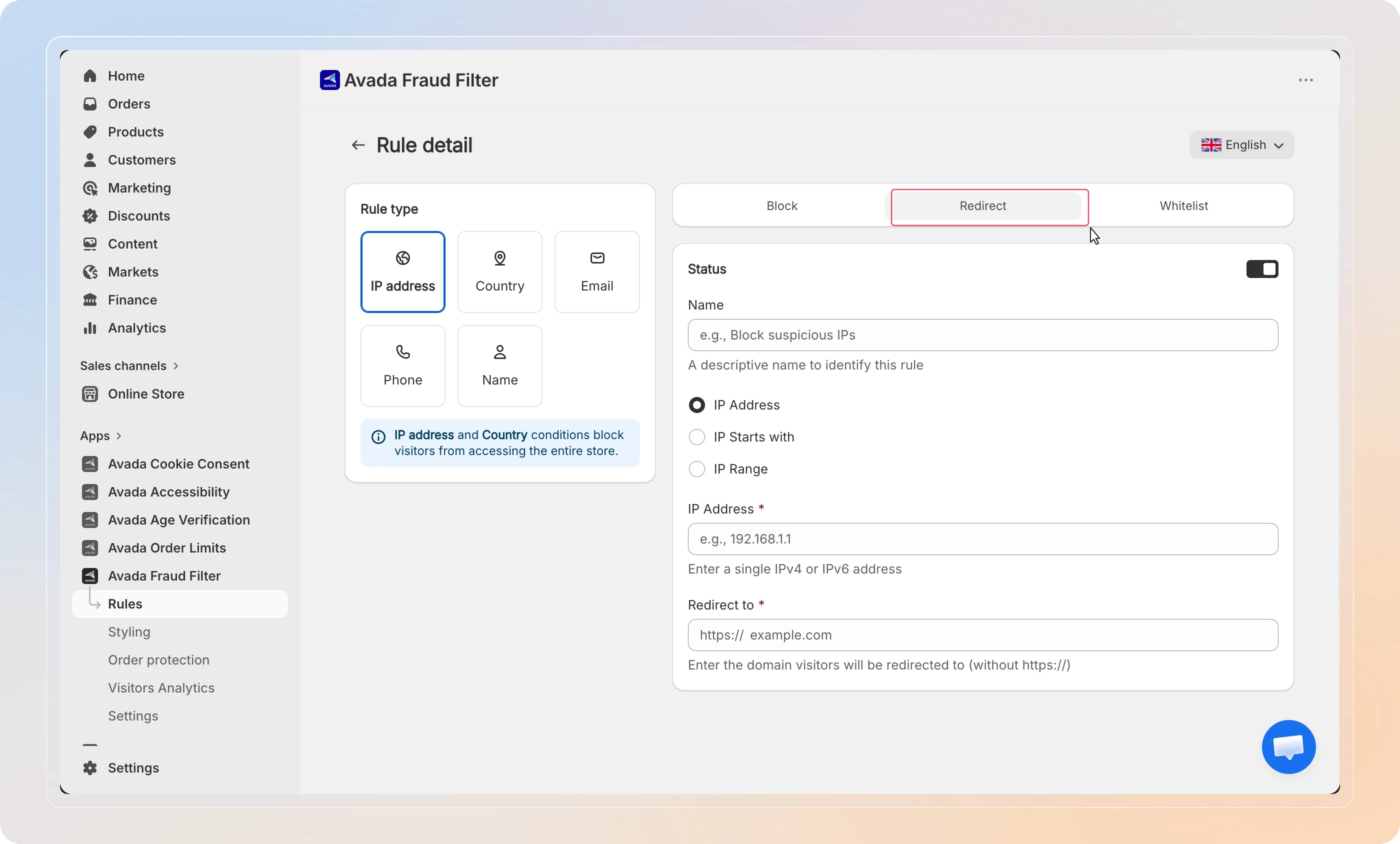 Redirect action with URL field