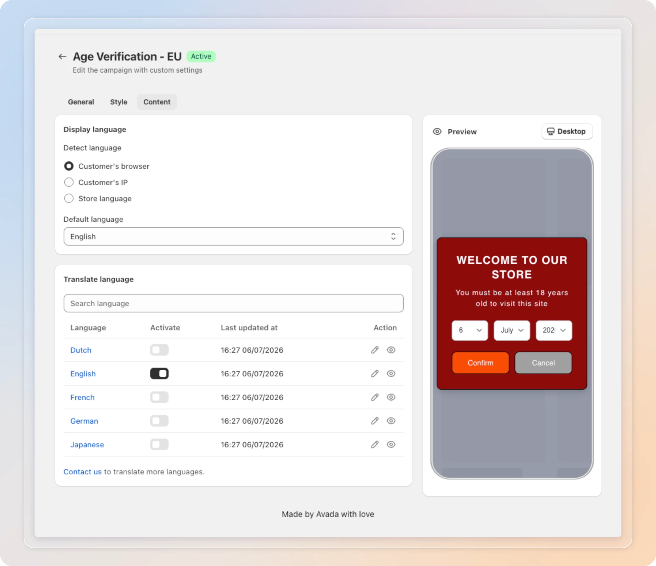 The Content tab: display language and translations