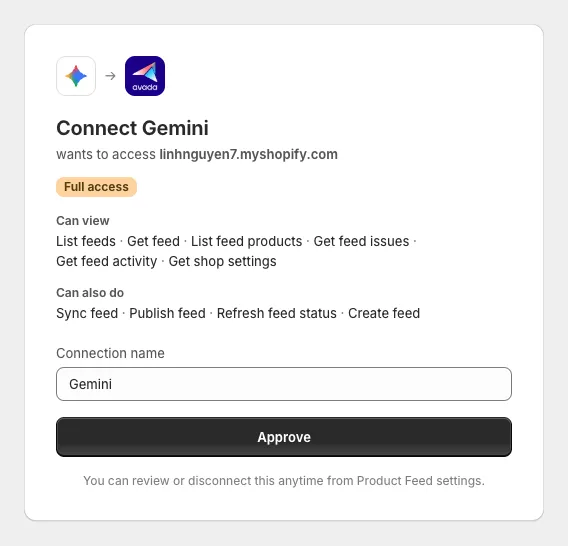 Approval page for Gemini showing the Full access badge, what it can view, what it can also do, and the Approve button