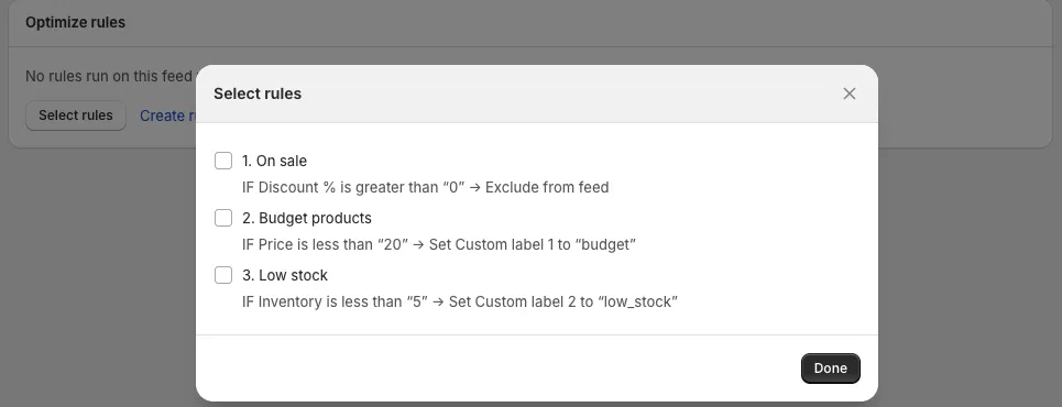 Select rules dialog on a feed's Conditions tab, listing numbered rules with their conditions
