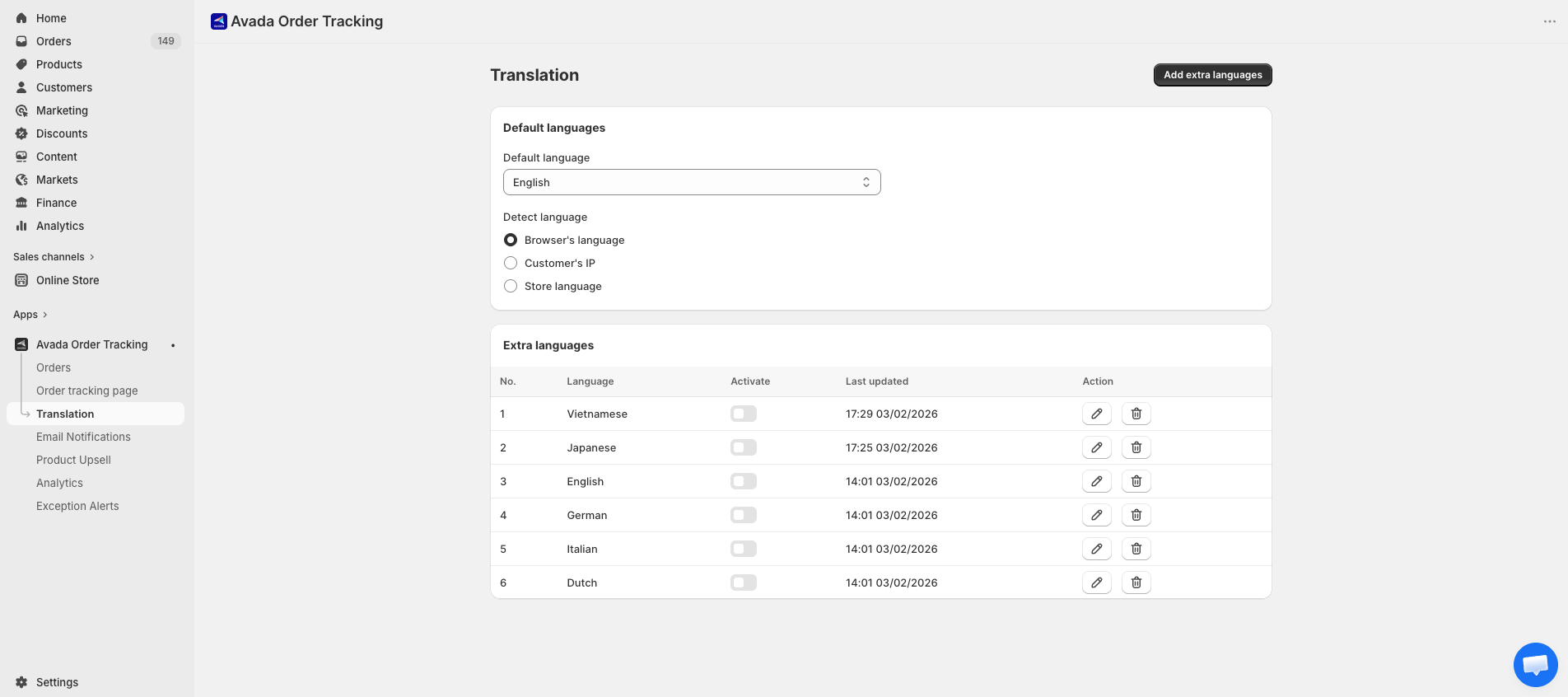 Translation page listing languages with default and enabled toggles