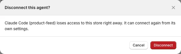 Disconnect this agent? confirmation naming the assistant, with Cancel and Disconnect buttons