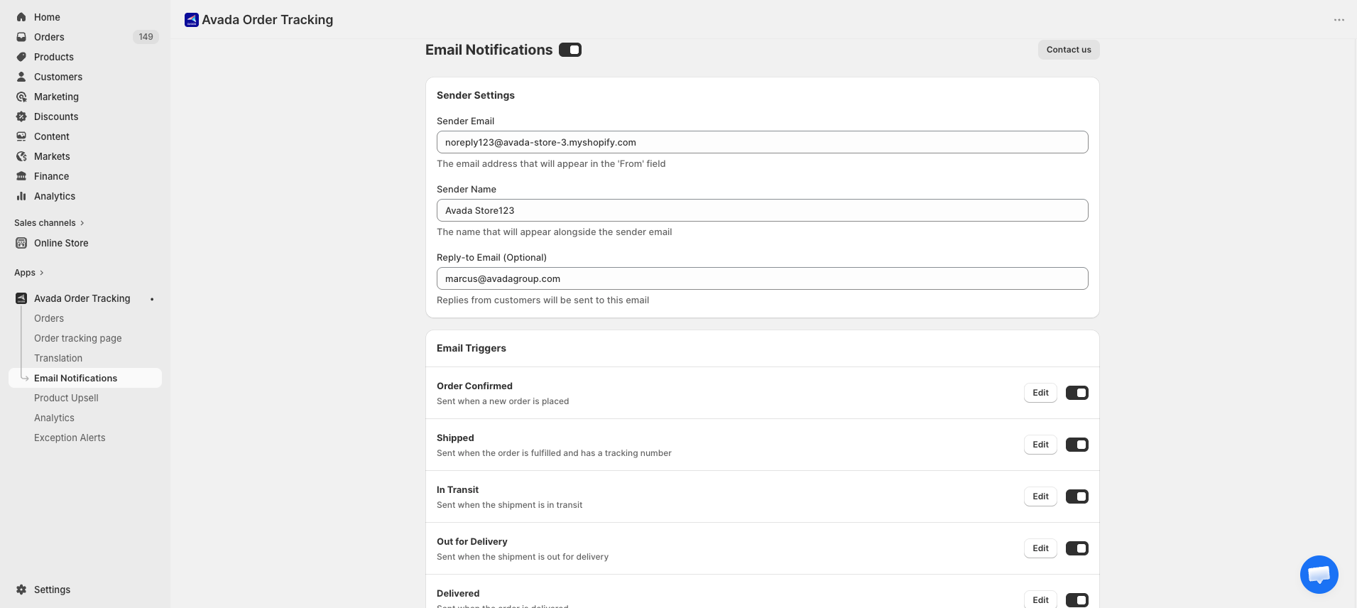 Email Notifications list with six triggers and toggles