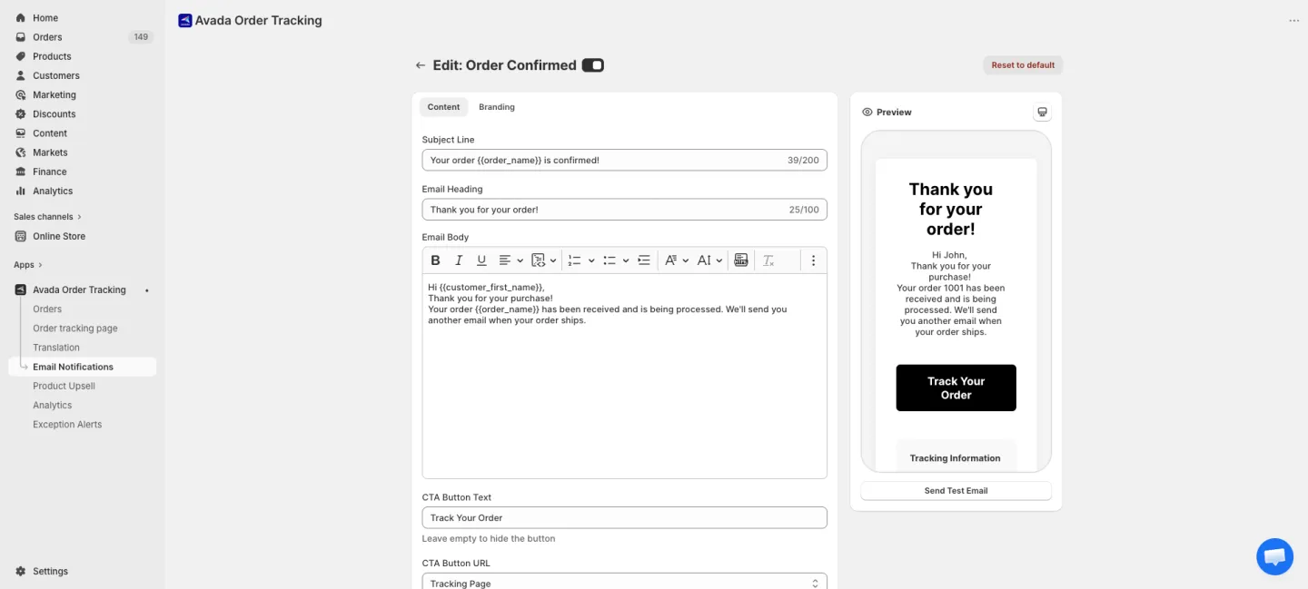 Email template editor with content tab and live preview panel