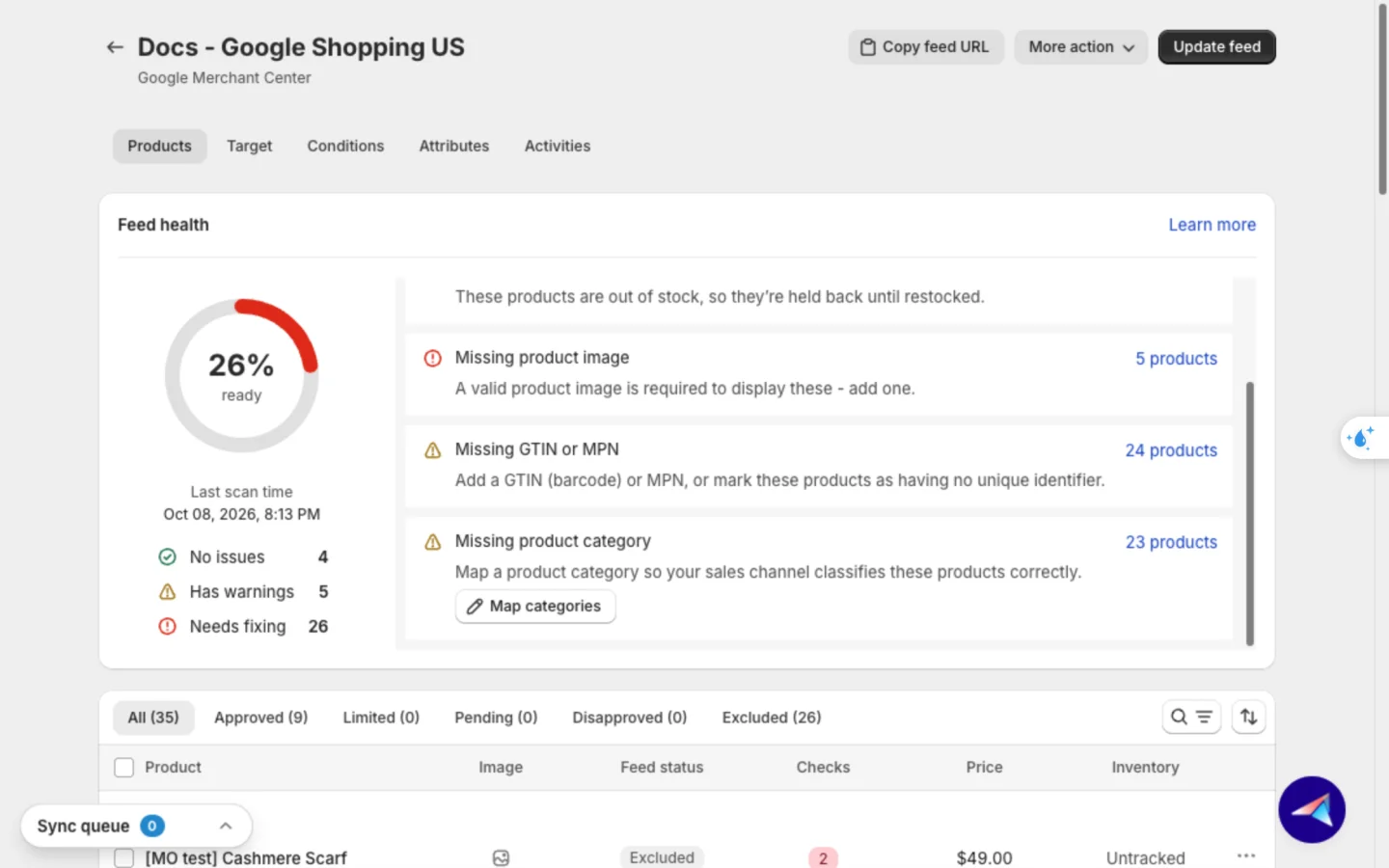 Feed health card listing Missing product category for 23 products, with a Map categories button under it
