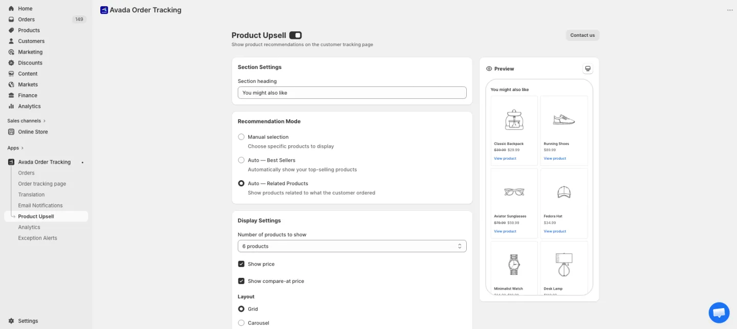 Product Upsell settings with master toggle, heading, and product list