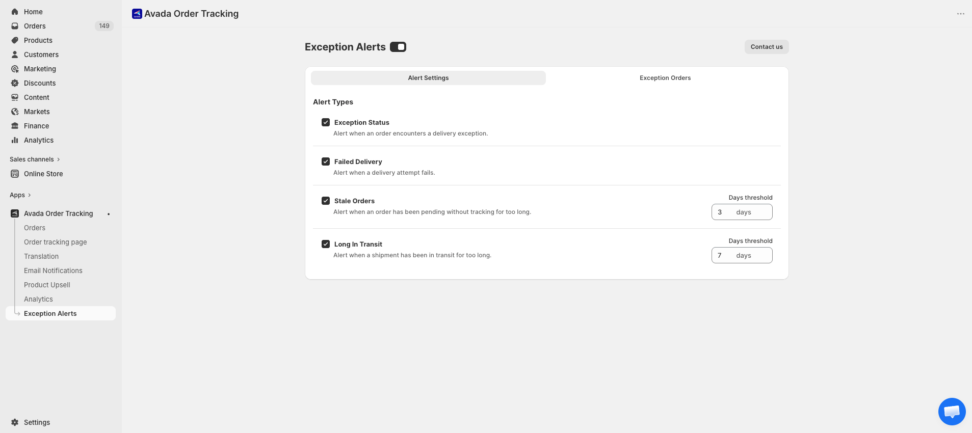 Exception Alerts settings with four alert toggles