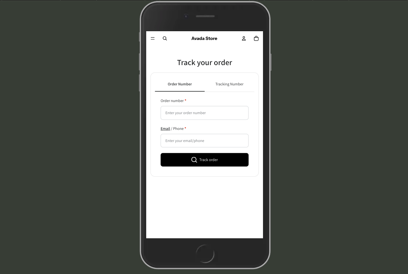 Tracking page on mobile — lookup form stacked vertically