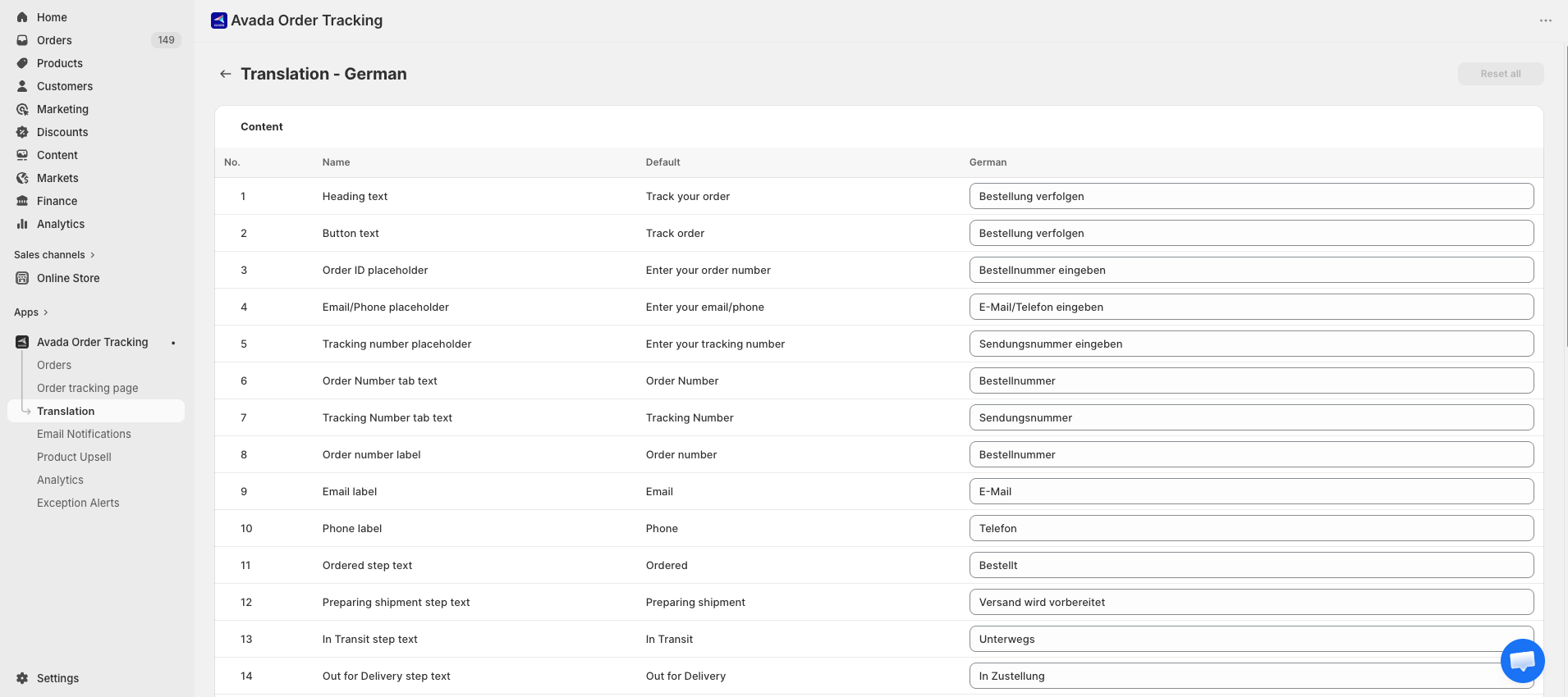 Translation editor with fields grouped by section
