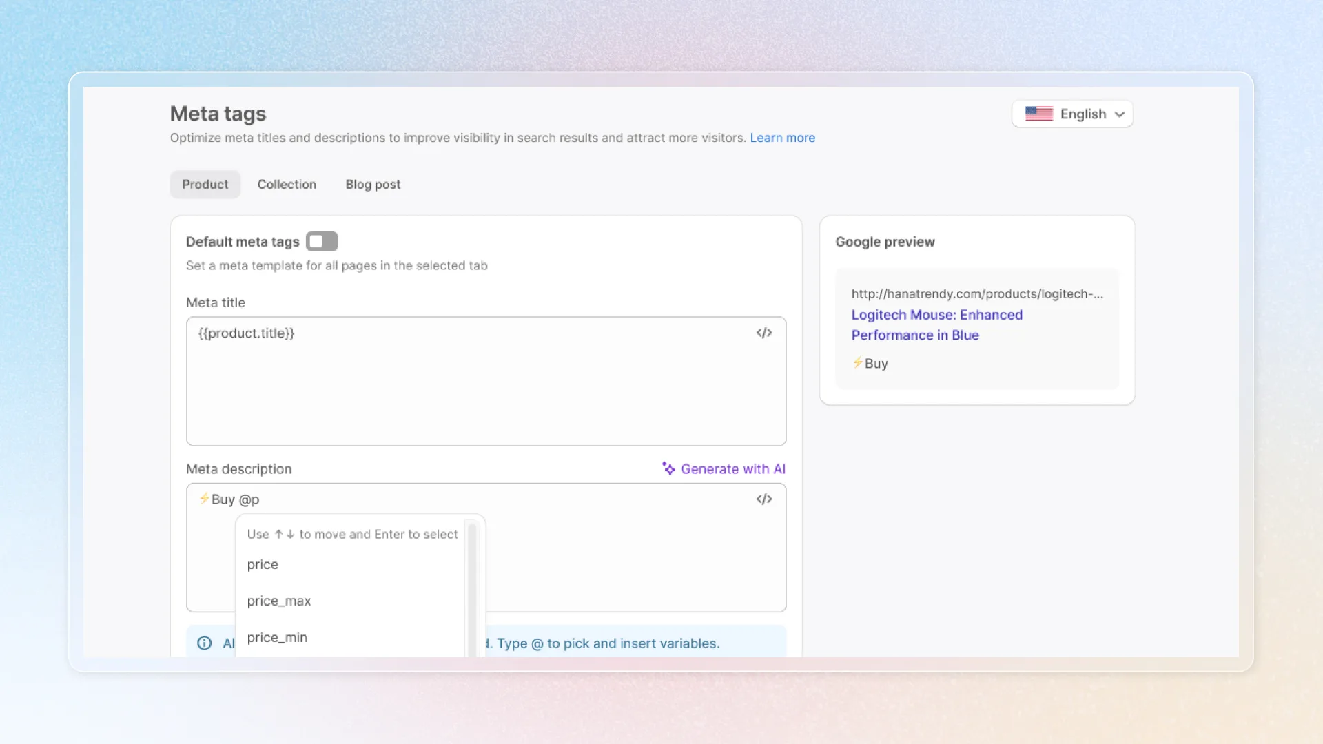 Default meta tags editor