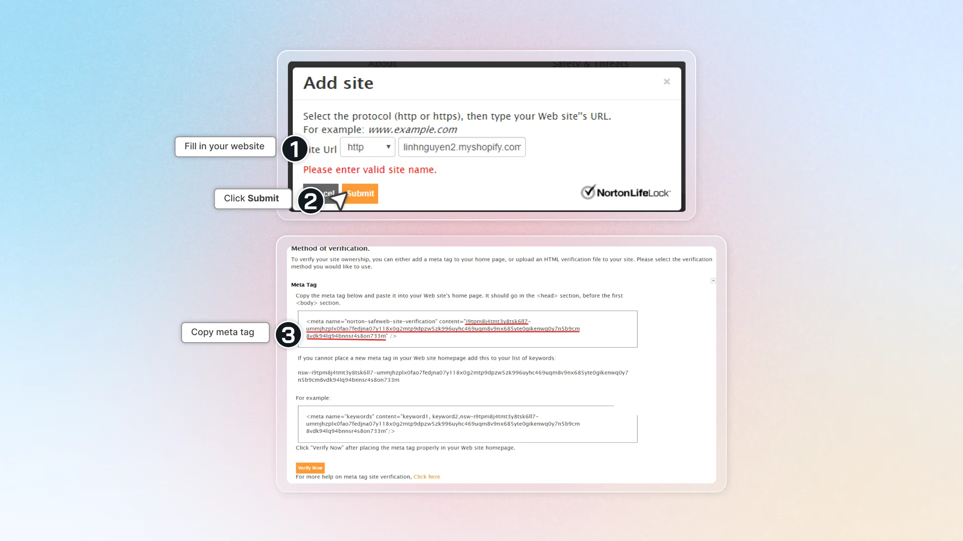 How to verify site on norton