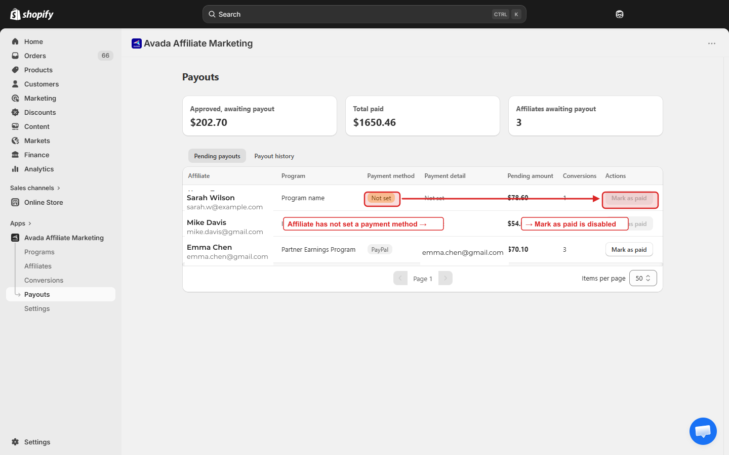 Payouts pending tab