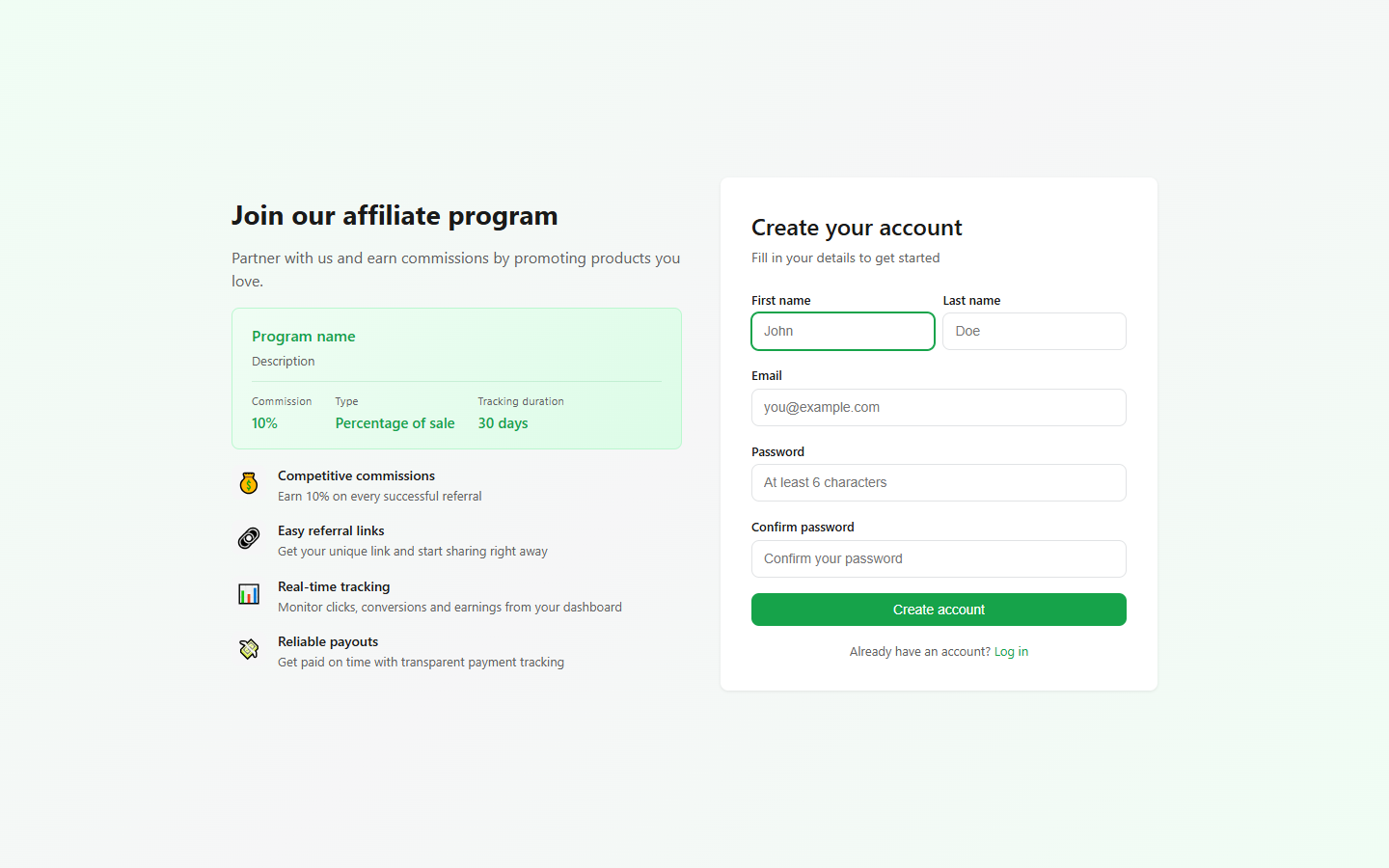 Affiliate registration page
