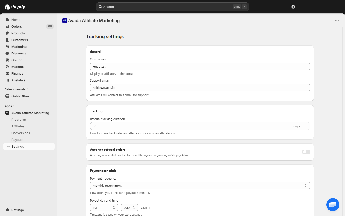 Settings page