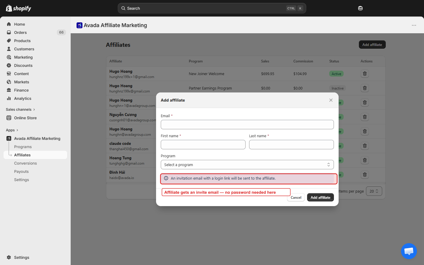 Add affiliate modal