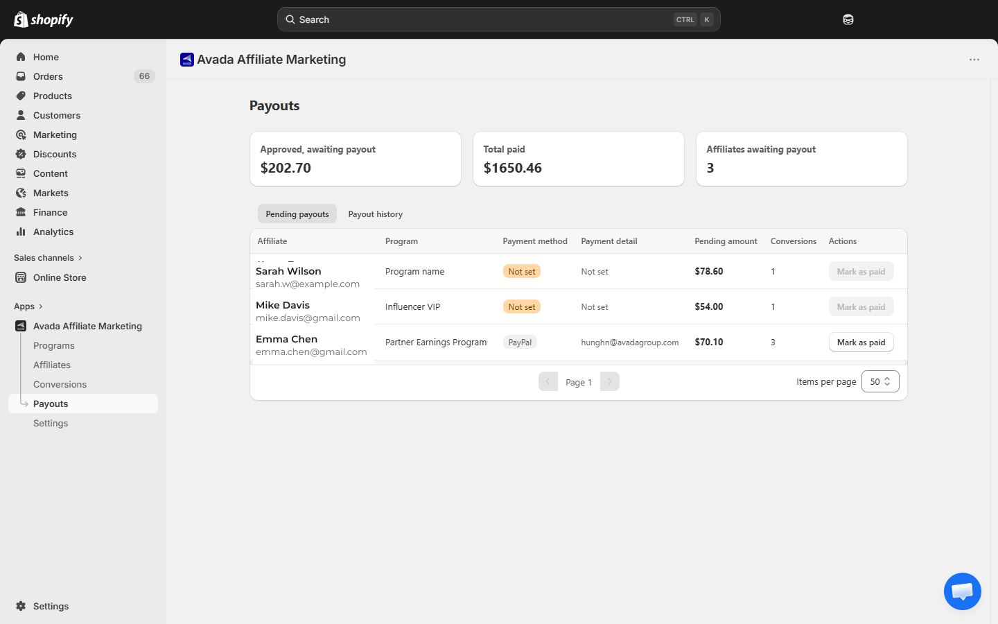 Payouts history tab