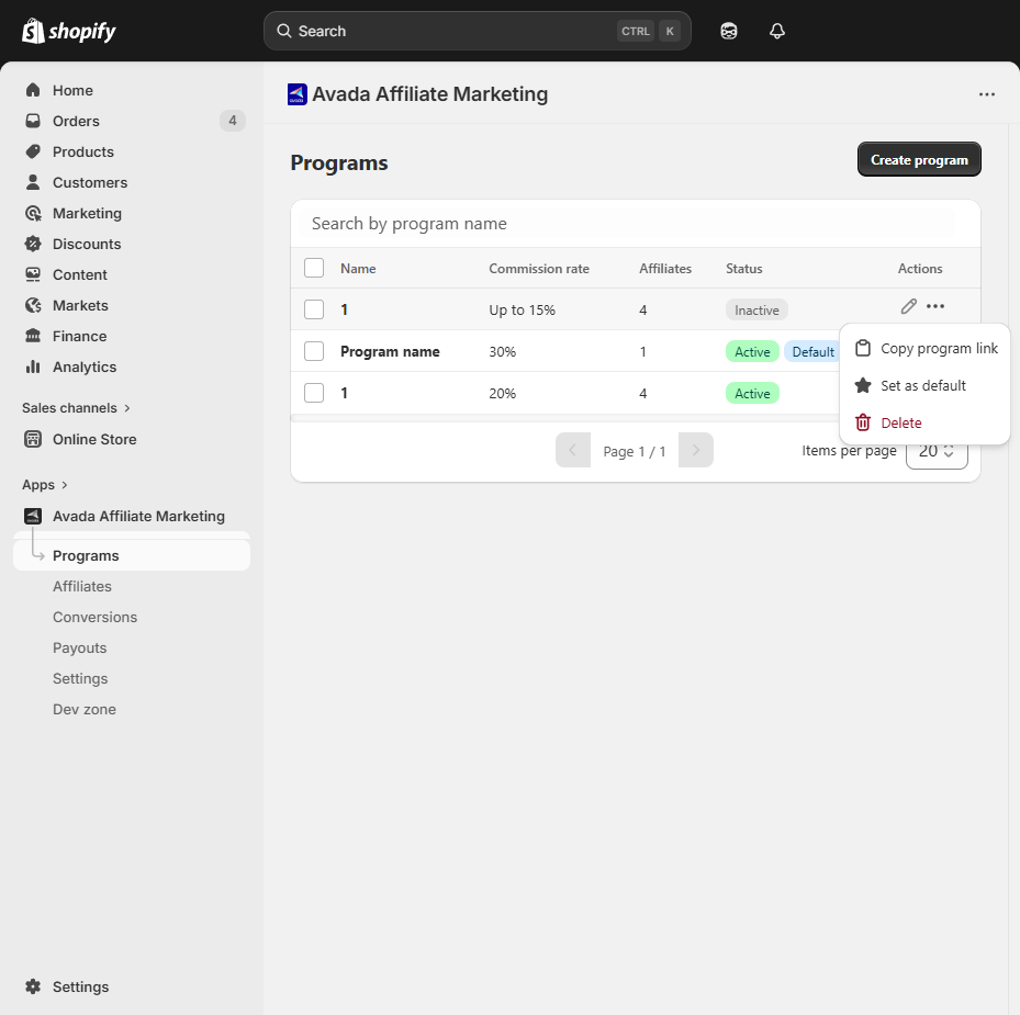 Programs row actions menu