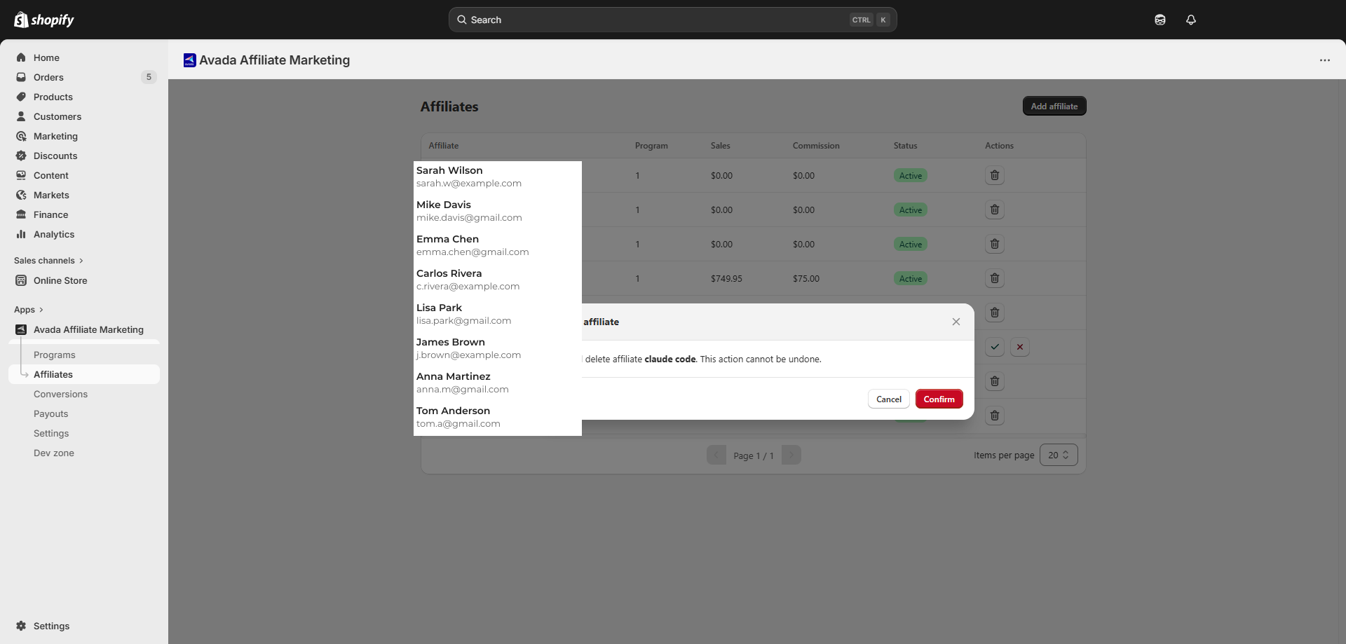 Delete affiliate confirmation