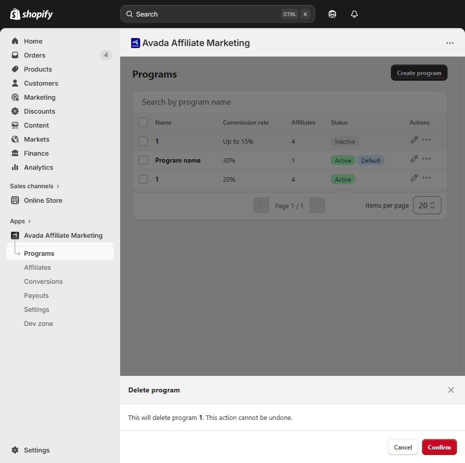 Delete program modal