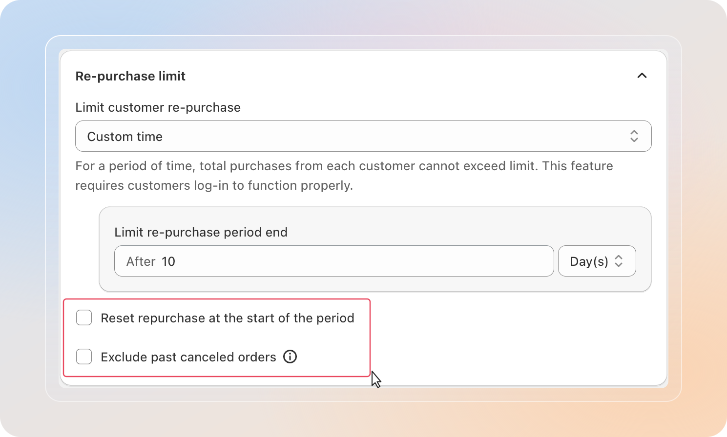 Reset and exclude-canceled checkboxes