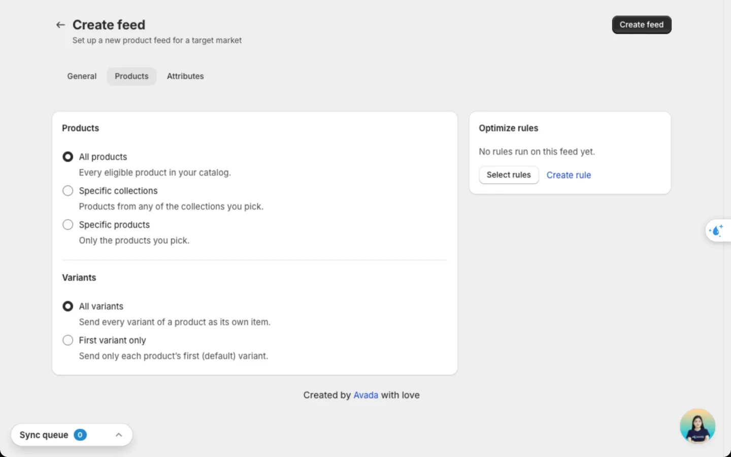 Products tab with All products and All variants selected
