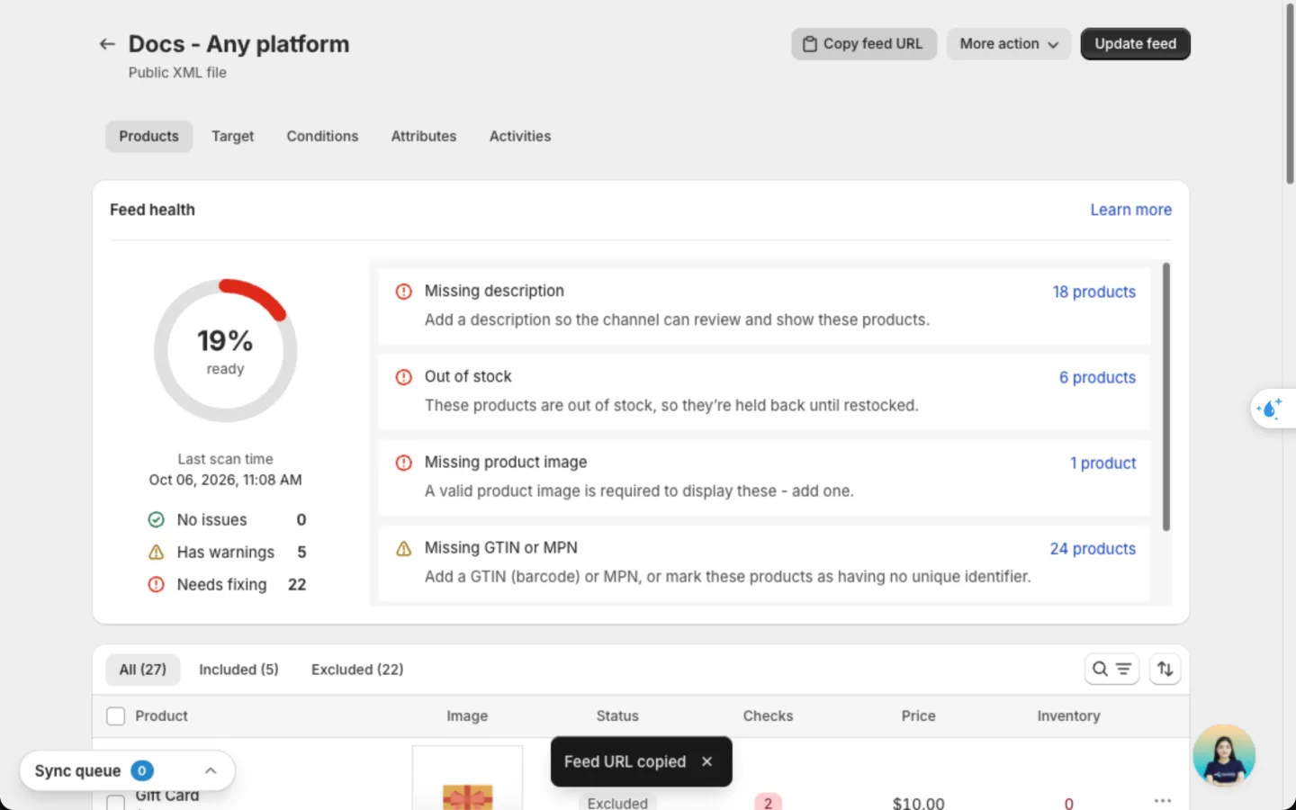 Feed page with Copy feed URL, Feed health and the Feed URL copied message