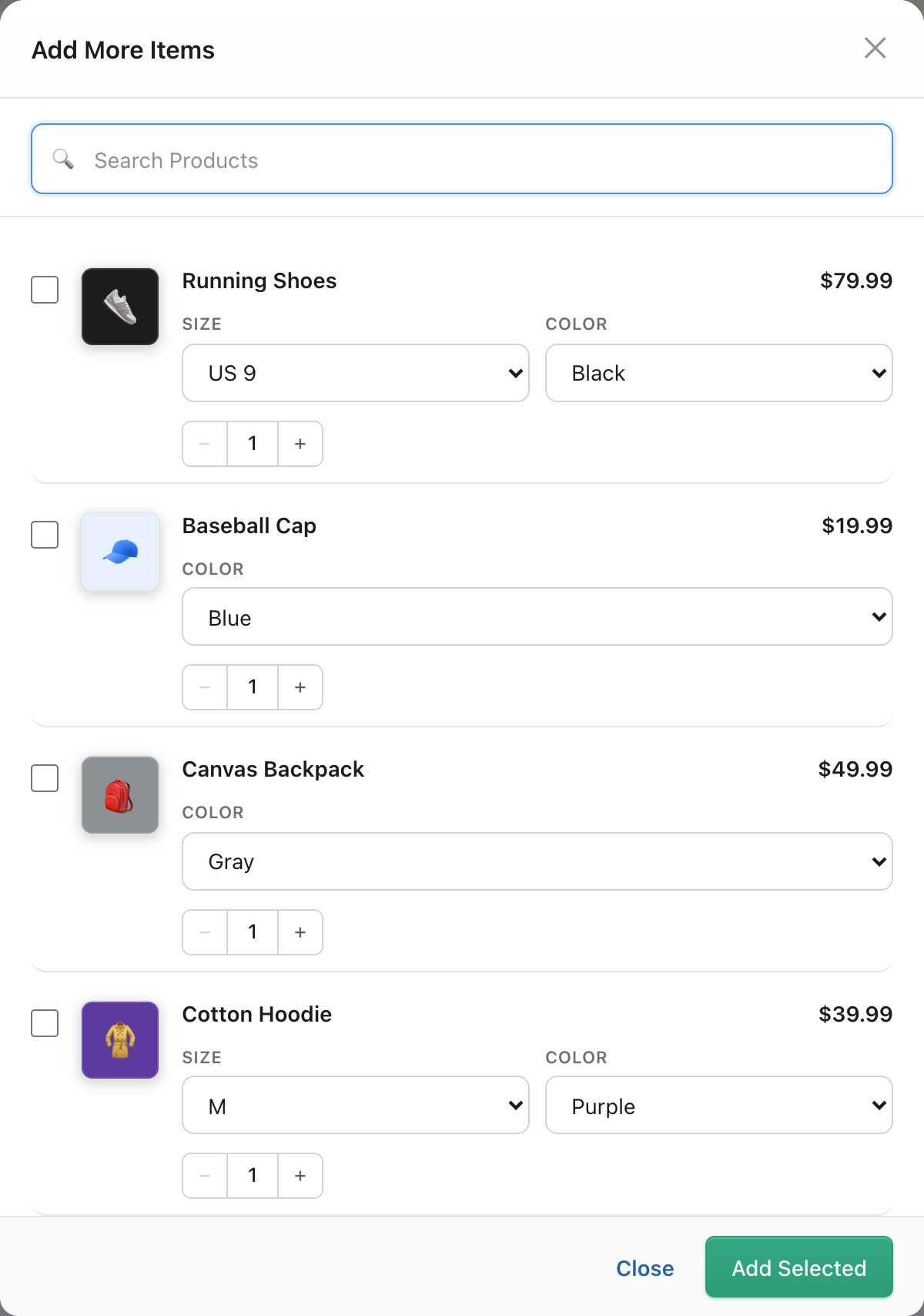 Add More Items picker — search, variant options, quantity, and Add Selected