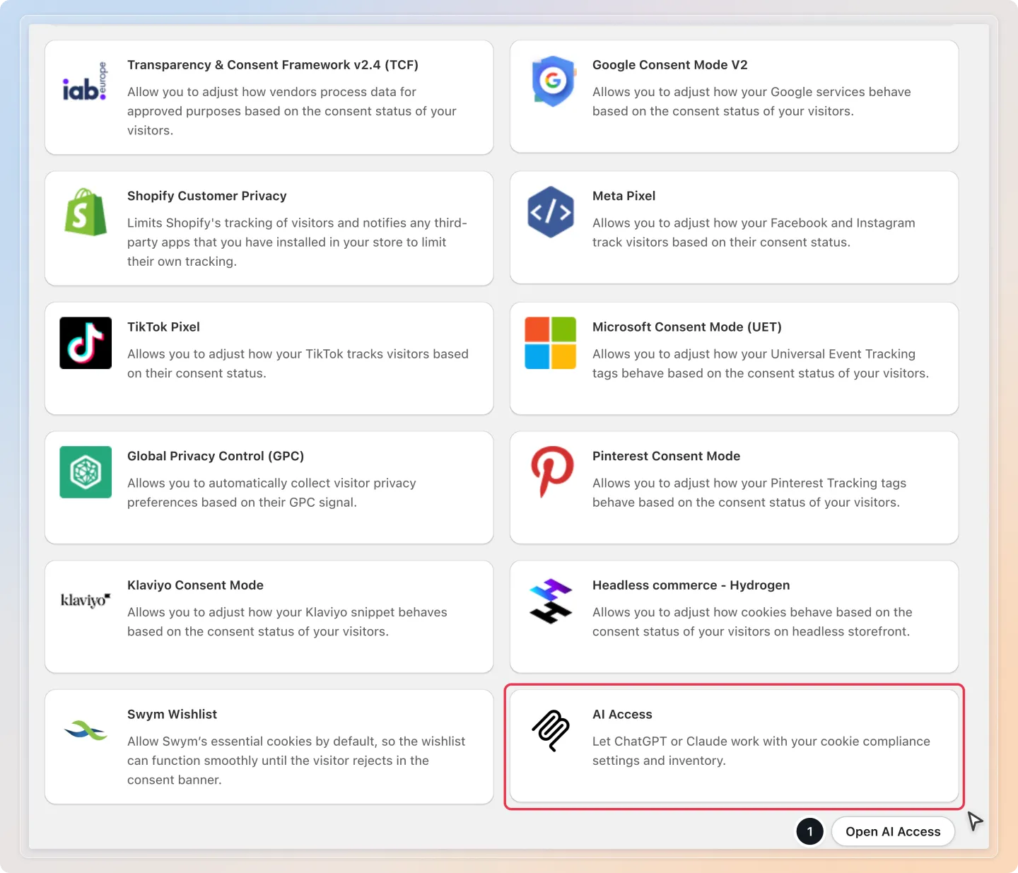 Open the AI Access card from the Integrations page